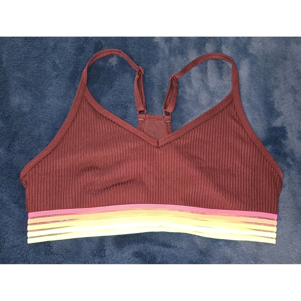 PINK Sport‎ Bra Maroon Mesh Back Rainbow Elastic Band Lightly Lined Size Medium